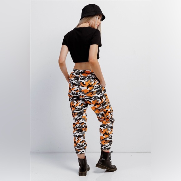 New Trendy Orange & Black, White, Camouflage High Waisted Cargo Pants - Picture 4 of 4